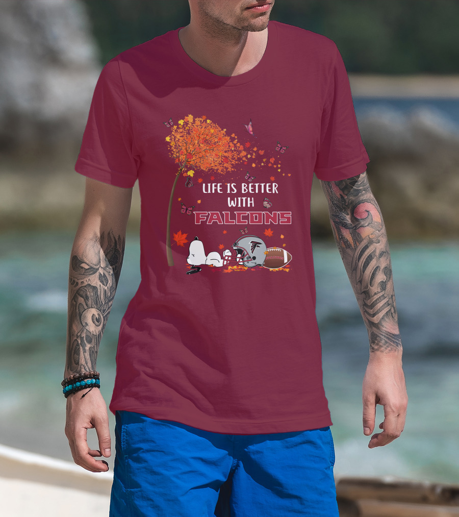 Life Is Better With Falcons Autumn Leaves Helmet Football Snoopy T-Shirt
