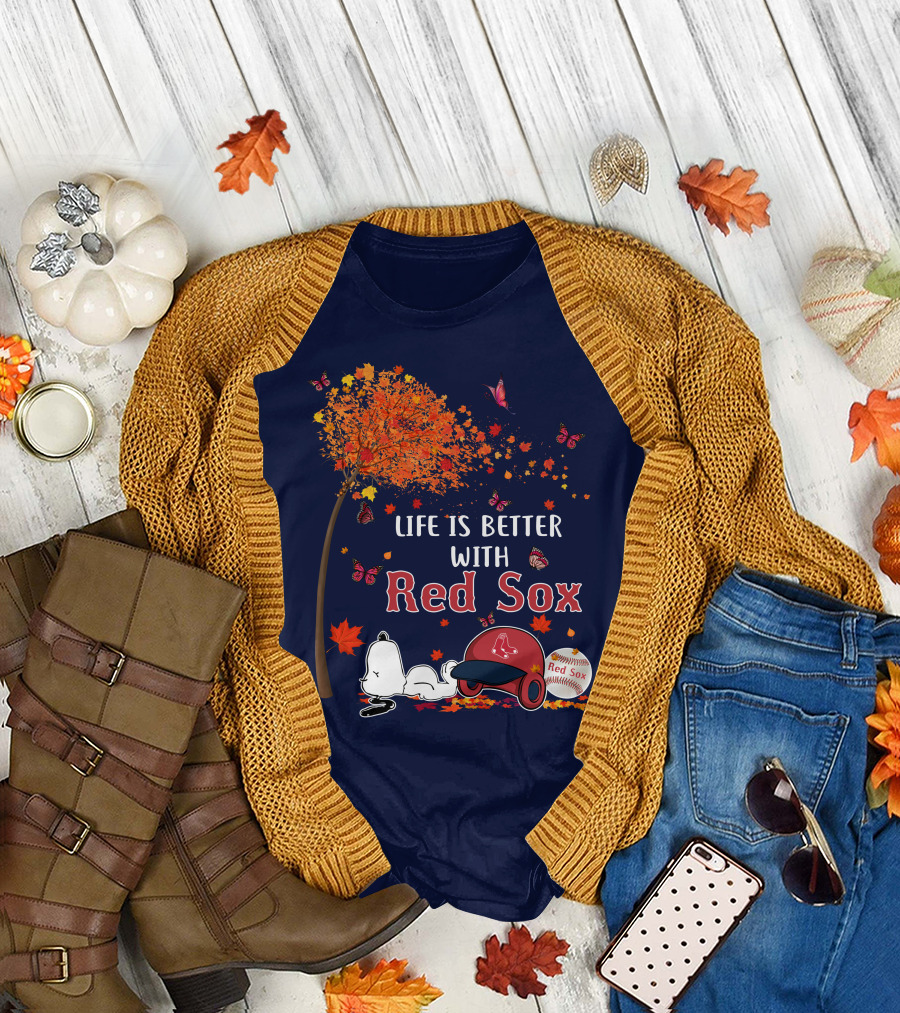 Life is Better with Red Sox Tree Butterflies Baseball T-Shirt