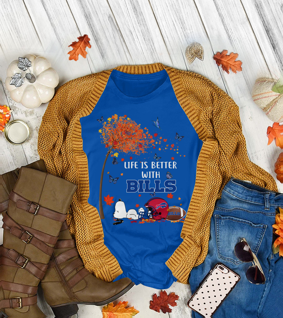 Life is Better with Bills Buffalo Helmet and Football Under Autumn Tree with Snoopy and Butterflies T-Shirt
