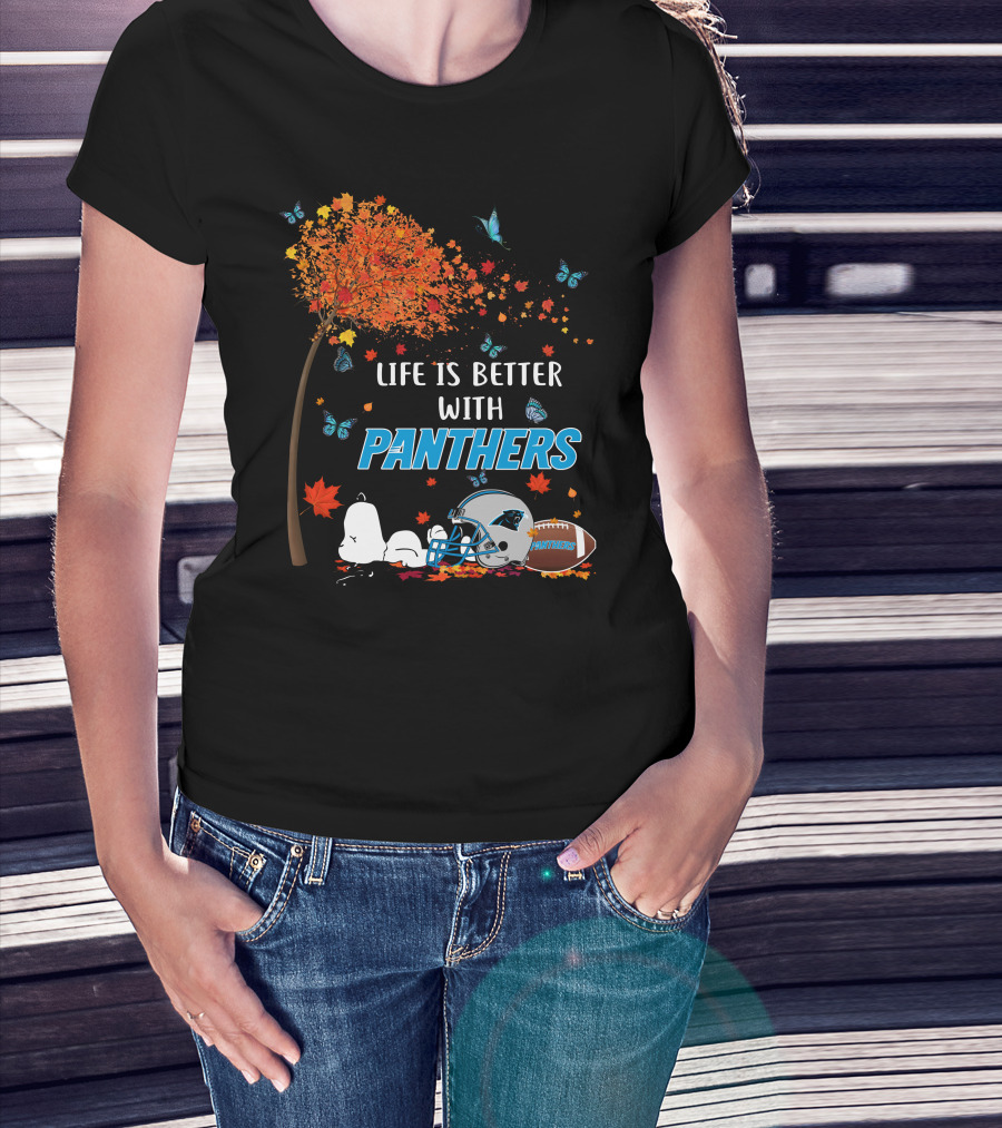 Life Is Better With Panthers Carolina Football Helmet And Autumn Leaves T-Shirt