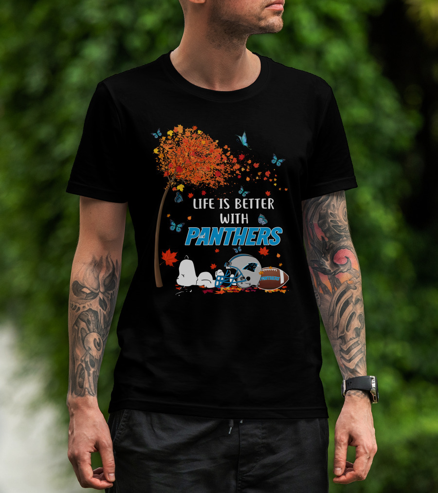 Life Is Better With Panthers Carolina Football Helmet And Autumn Leaves T-Shirt