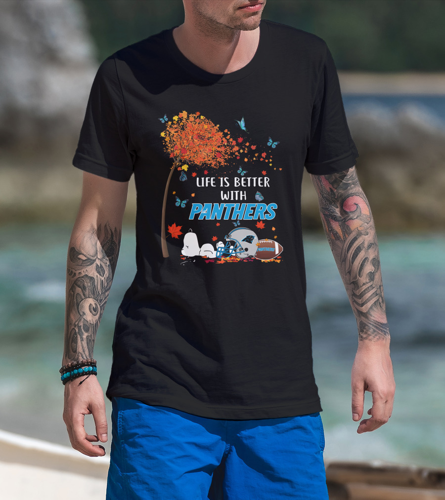 Life Is Better With Panthers Carolina Football Helmet And Autumn Leaves T-Shirt