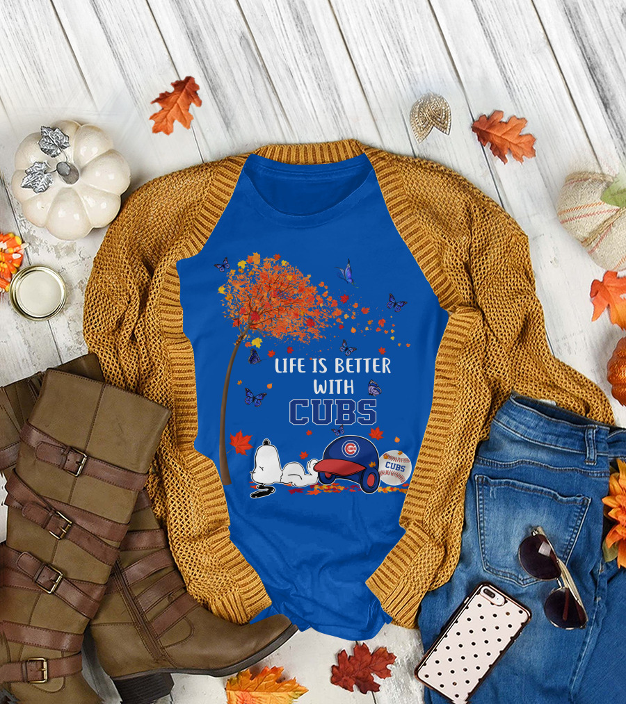 Life is Better with Cubs Autumn Tree Baseball Hat and Ball T-Shirt