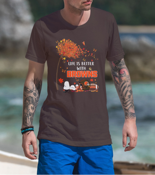 Life Is Better With My Cleveland Browns Football Autumn Scene And Peanuts Character T-Shirt