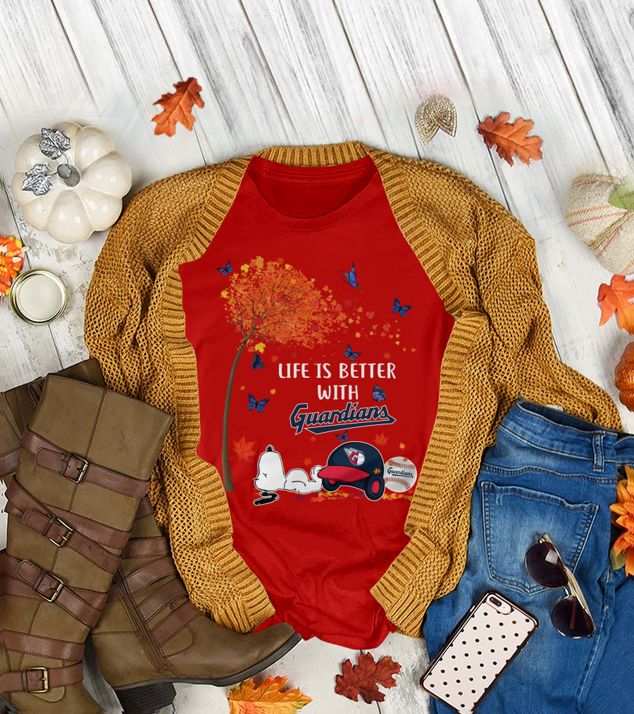 Life Is Better With Guardians Cleveland Guardians Baseball Autumn Tree Snoopy and Butterflies T-Shirt