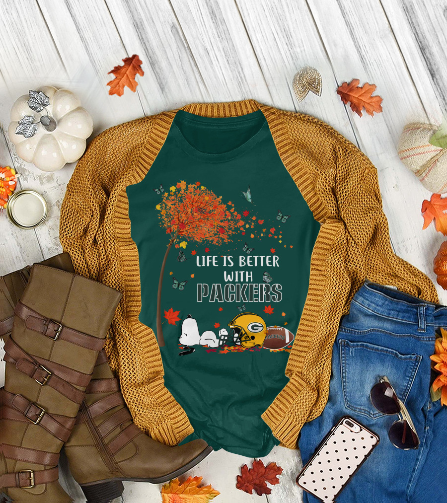 Life is Better with Packers Green Bay Football Autumn Snoopy Leaves T-Shirt