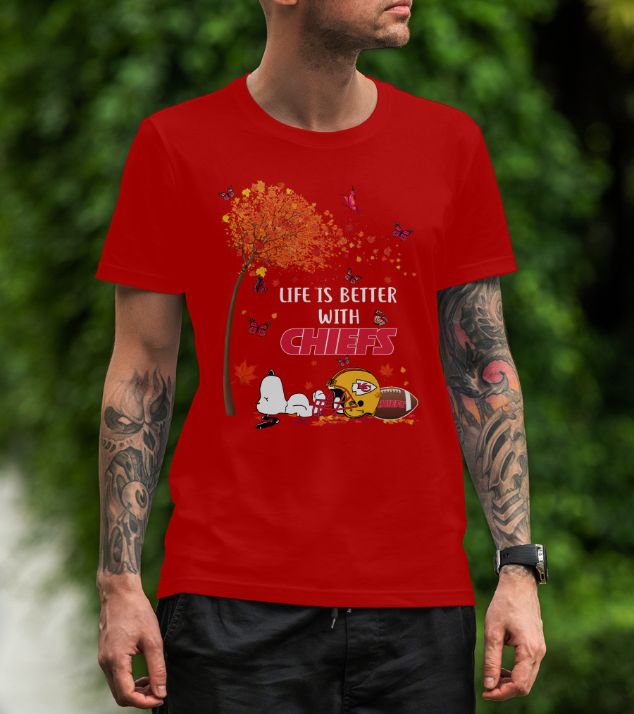 Life Is Better With Chiefs Fall Football Theme Snoopy And Butterflies T-Shirt