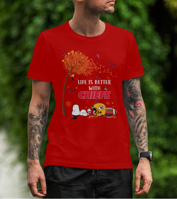 Life Is Better With Chiefs Fall Football Theme Snoopy And Butterflies T-Shirt
