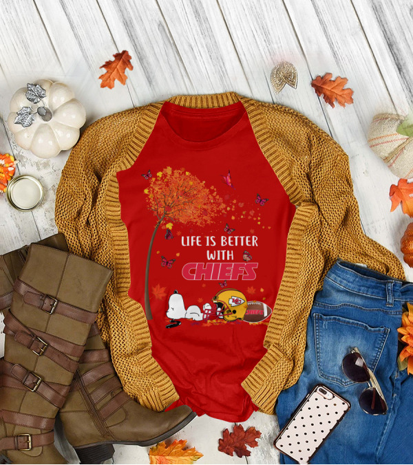 Life Is Better With Chiefs Fall Football Theme Snoopy And Butterflies T-Shirt