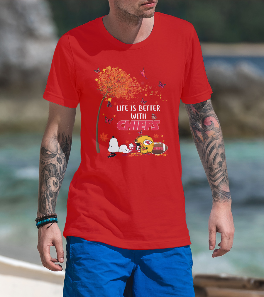 Life Is Better With Chiefs Fall Football Theme Snoopy And Butterflies T-Shirt