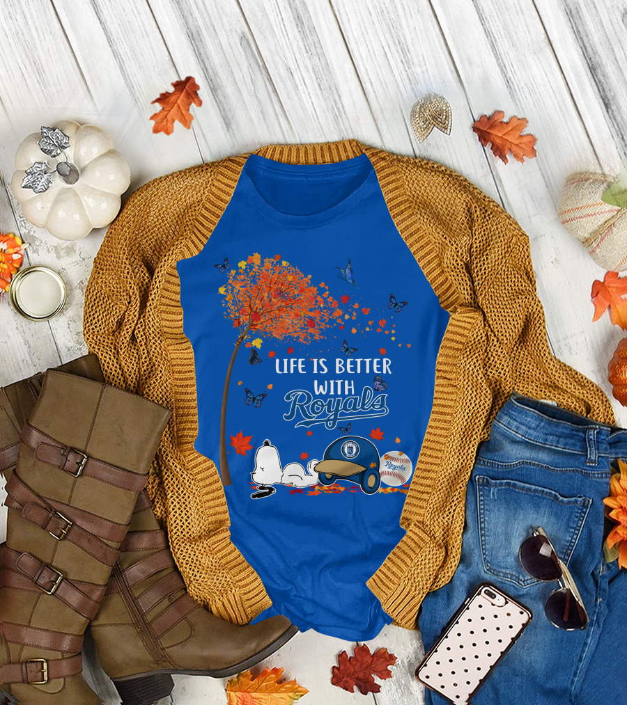 Life is Better with Royals Baseball Helmet Autumn Leaves Snoopy and Butterfly T-Shirt