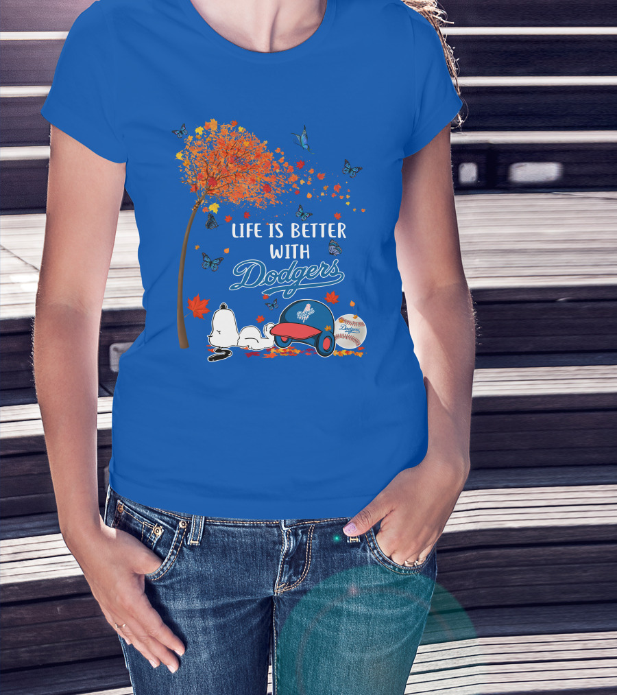 Life Is Better With Dodgers Autumn Leaves Snoopy Baseball Cap And Ball T-Shirt
