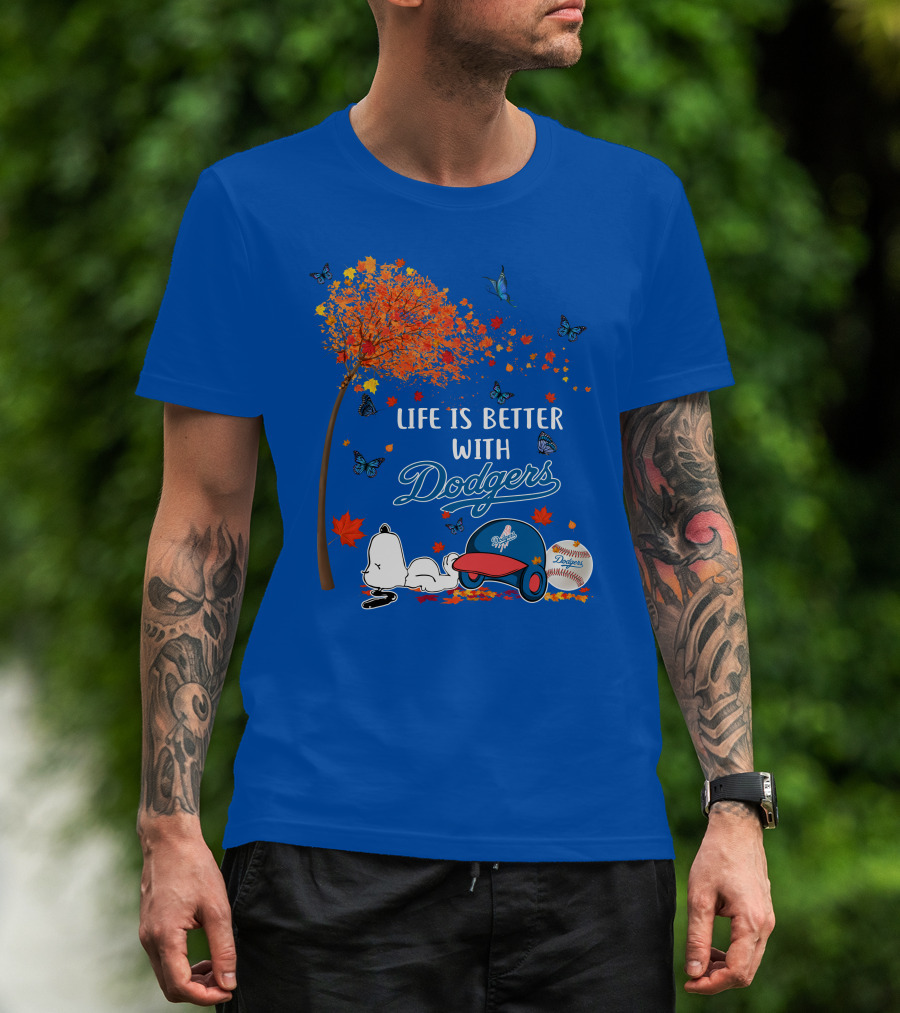 Life Is Better With Dodgers Autumn Leaves Snoopy Baseball Cap And Ball T-Shirt