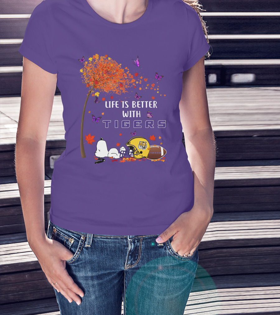 Life Is Better With Tigers Football Leaves Butterflies Helmet T-Shirt