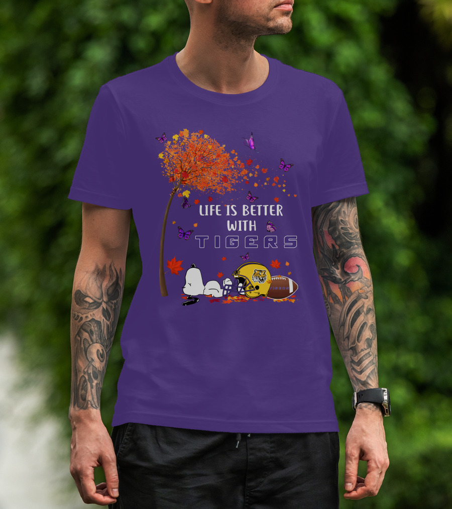 Life Is Better With Tigers Football Leaves Butterflies Helmet T-Shirt