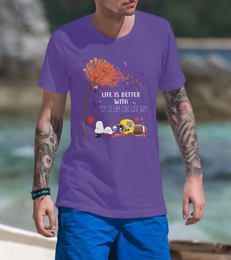 Life Is Better With Tigers Football Leaves Butterflies Helmet T-Shirt