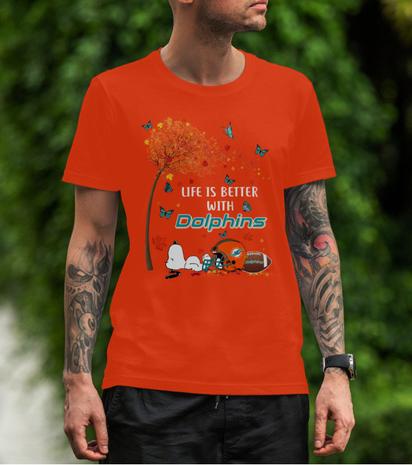 Life Is Better With Dolphins Miami Football Autumn Tree Snoopy Butterflies T-Shirt