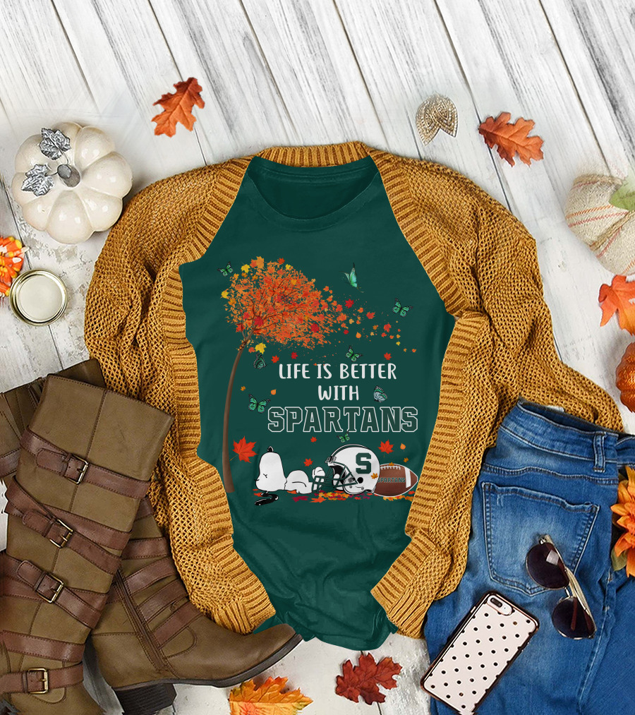 Life Is Better with Spartans Michigan State Football Autumn Leaves Butterflies T-Shirt