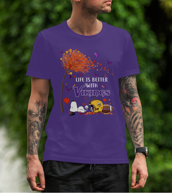 Life Is Better With Vikings Football And Autumn Leaves T-Shirt