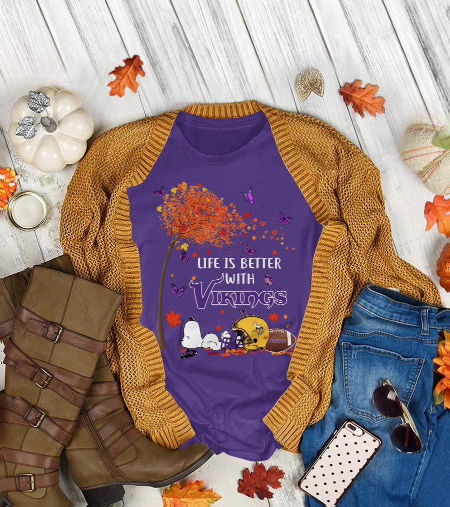 Life Is Better with Vikings Football and Autumn Leaves T-Shirt