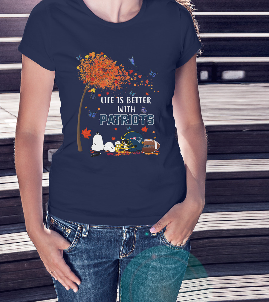 Life Is Better With Patriots New England Football Autumn Tree Butterfly T-Shirt