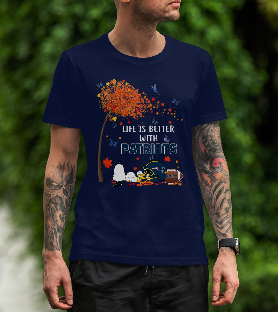 Life Is Better With Patriots New England Football Autumn Tree Butterfly T-Shirt