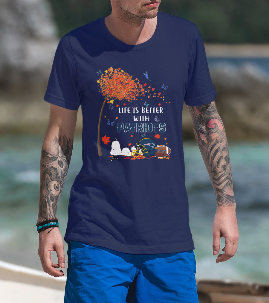 Life Is Better With Patriots New England Football Autumn Tree Butterfly T-Shirt