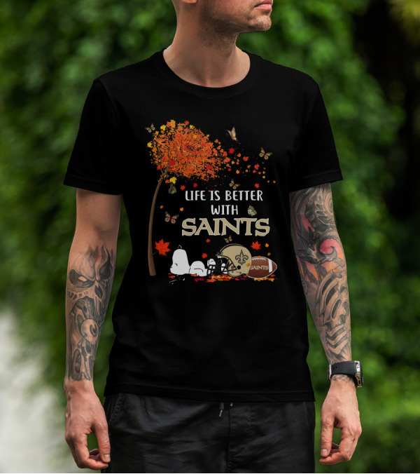 Life Is Better With Saints Autumn Leaves Football And Helmet T-Shirt