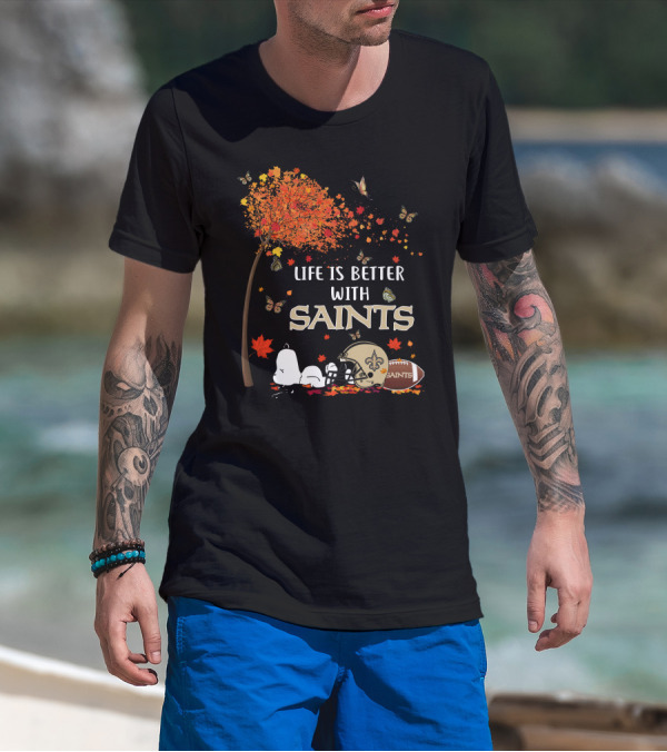 Life Is Better With Saints Autumn Leaves Football And Helmet T-Shirt