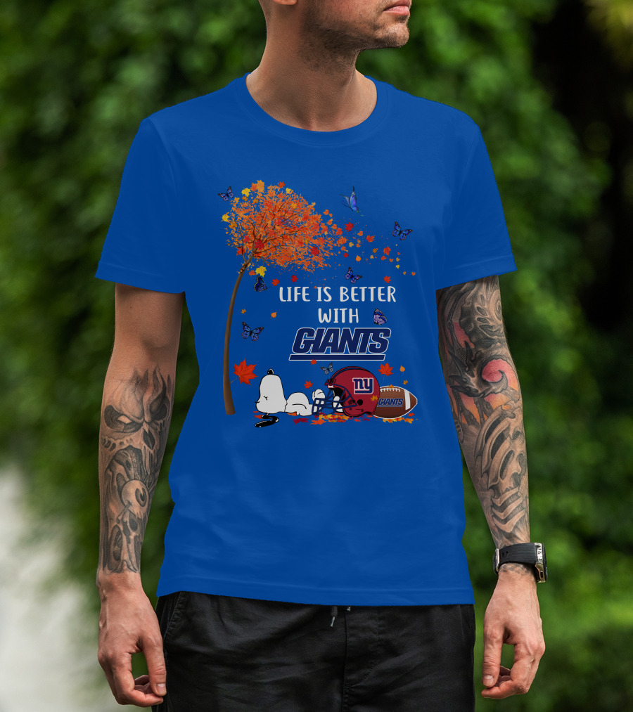 Life Is Better With Giants New York Giants Football Autumn Leaves Snoopy Butterflies T-Shirt