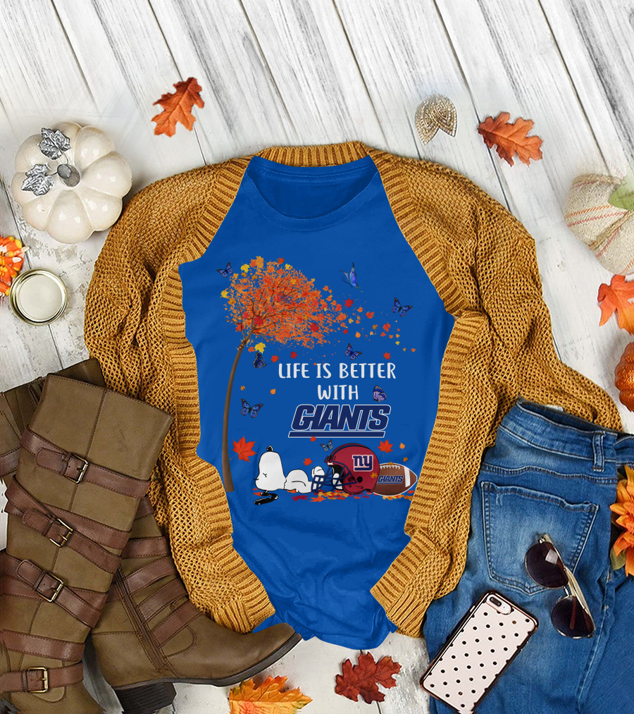 Life Is Better with Giants New York Giants Football Autumn Leaves Snoopy Butterflies T-Shirt