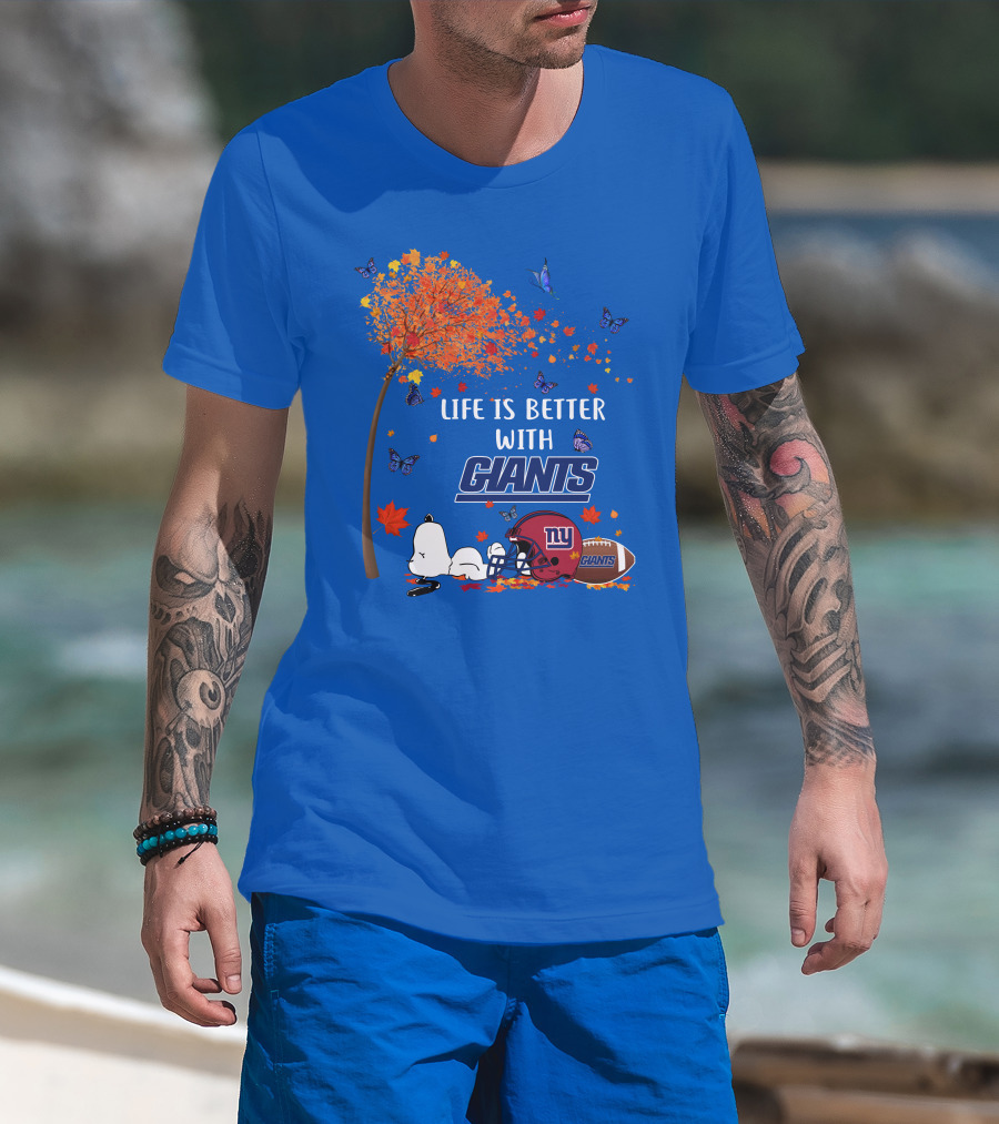Life Is Better With Giants New York Giants Football Autumn Leaves Snoopy Butterflies T-Shirt