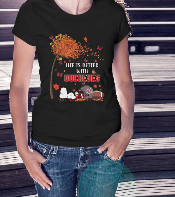 Life Is Better With Buckeyes Ohio State Football Autumn Leaves Butterflies T-Shirt