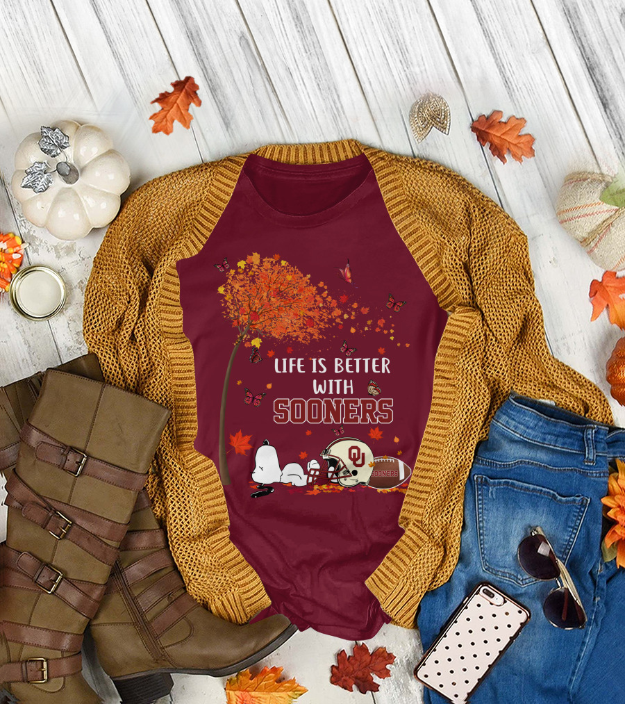 Life Is Better with Sooners Football Autumn Leaves and Butterflies T-Shirt