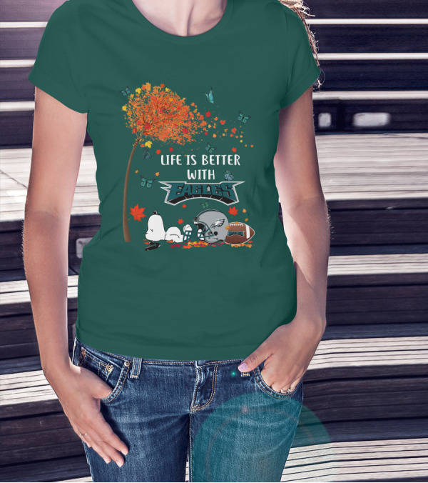 Life Is Better With Eagles Football Autumn Leaves And Butterflies T-Shirt