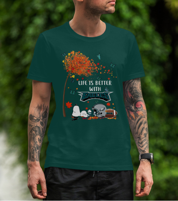 Life Is Better With Eagles Football Autumn Leaves And Butterflies T-Shirt