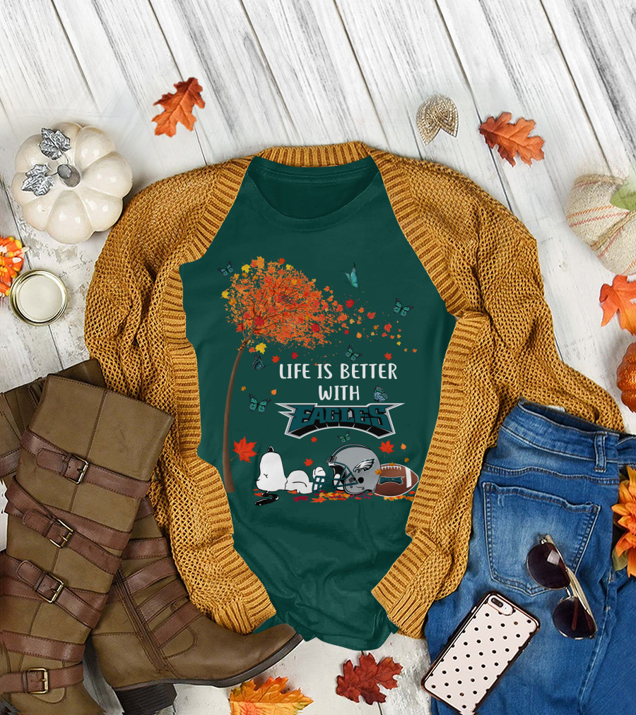 Life Is Better with Eagles Football Autumn Leaves and Butterflies T-Shirt