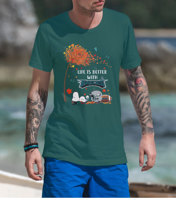 Life Is Better With Eagles Football Autumn Leaves And Butterflies T-Shirt