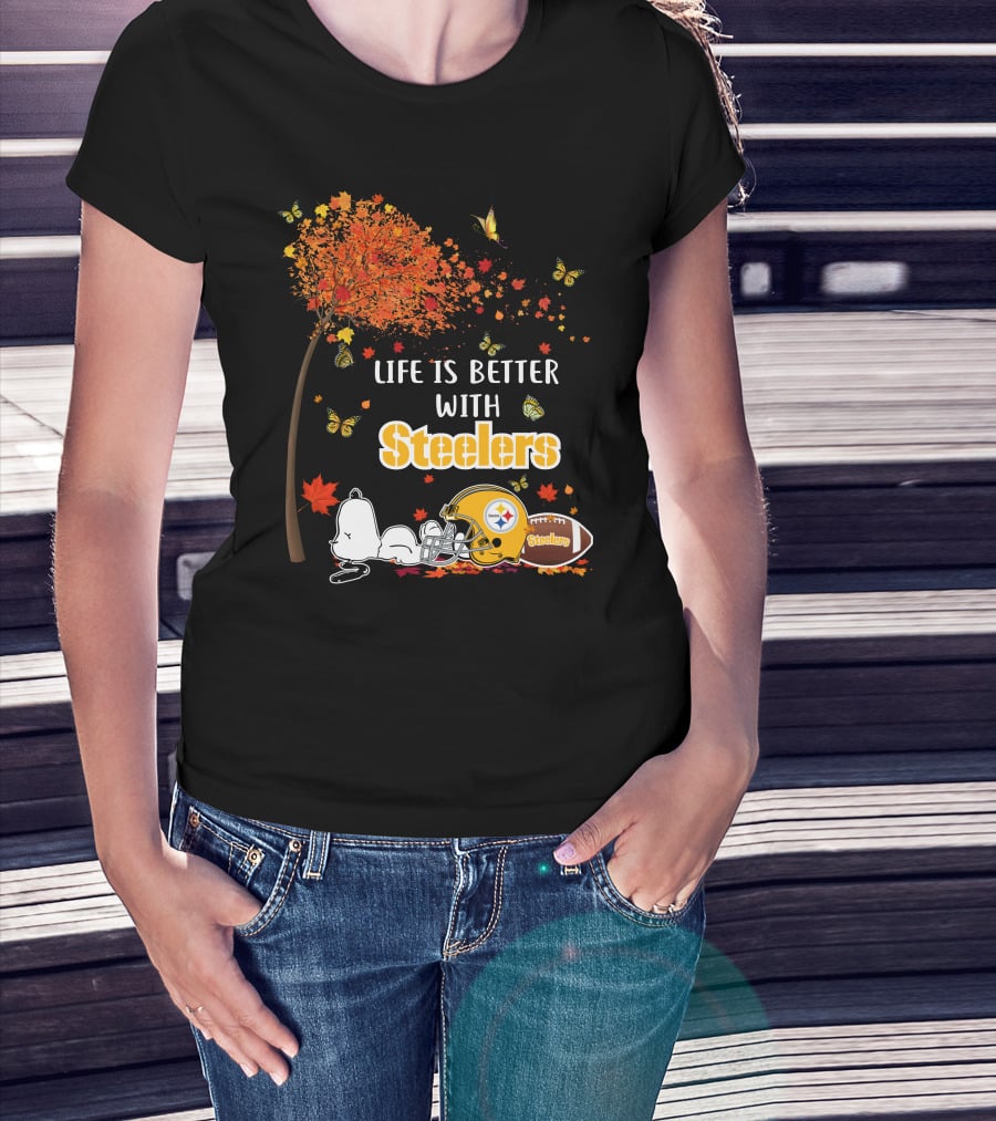 Life Is Better With Steelers Autumn Snoopy Football Helmet T-Shirt
