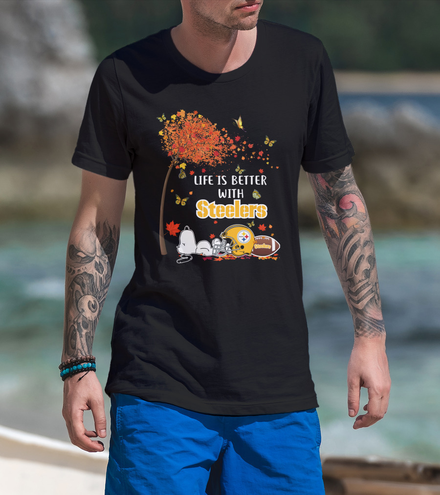 Life Is Better With Steelers Autumn Snoopy Football Helmet T-Shirt