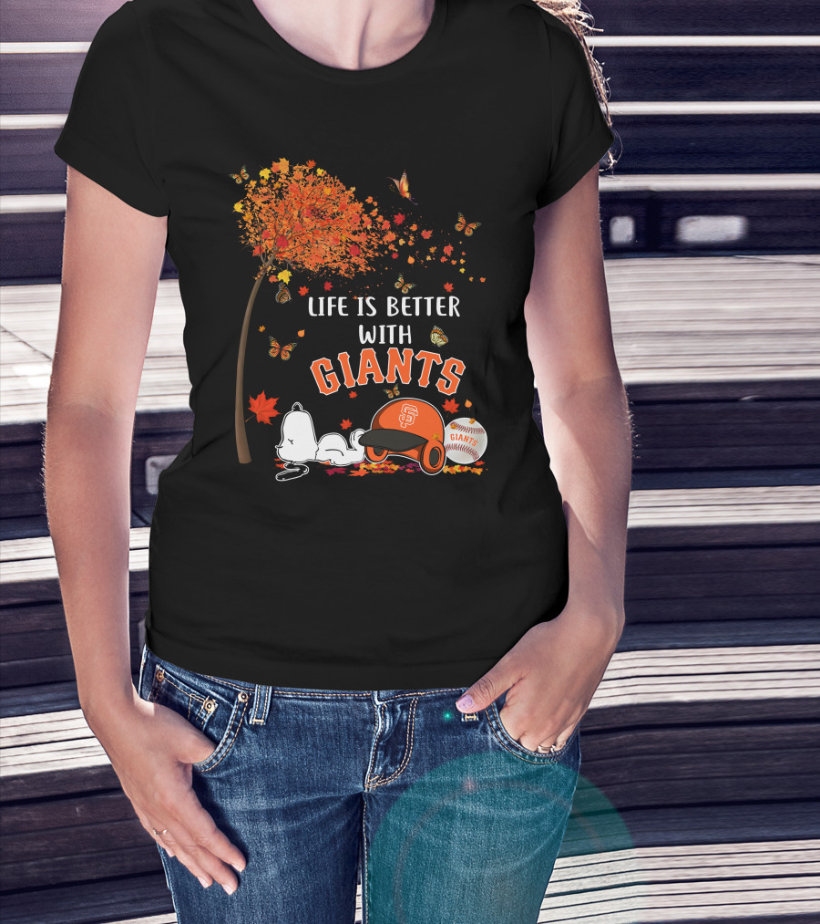 Life Is Better With Giants Snoopy Fall Leaves Baseball Cap T-Shirt