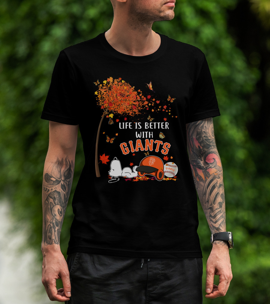 Life Is Better With Giants Snoopy Fall Leaves Baseball Cap T-Shirt