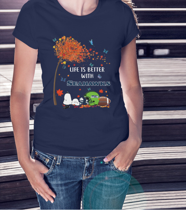 Life Is Better With Seattle Seahawks Autumn Leaves Football Helmet Snoopy And Woodstock T-Shirt