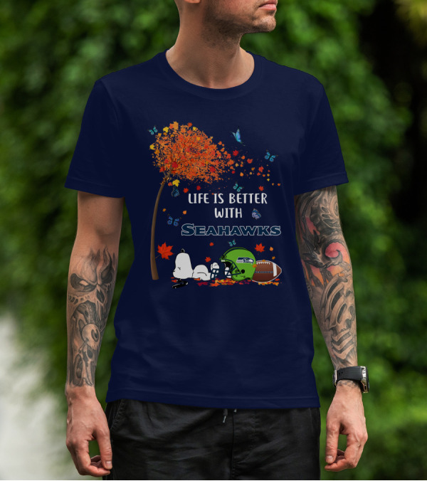 Life Is Better With Seattle Seahawks Autumn Leaves Football Helmet Snoopy And Woodstock T-Shirt
