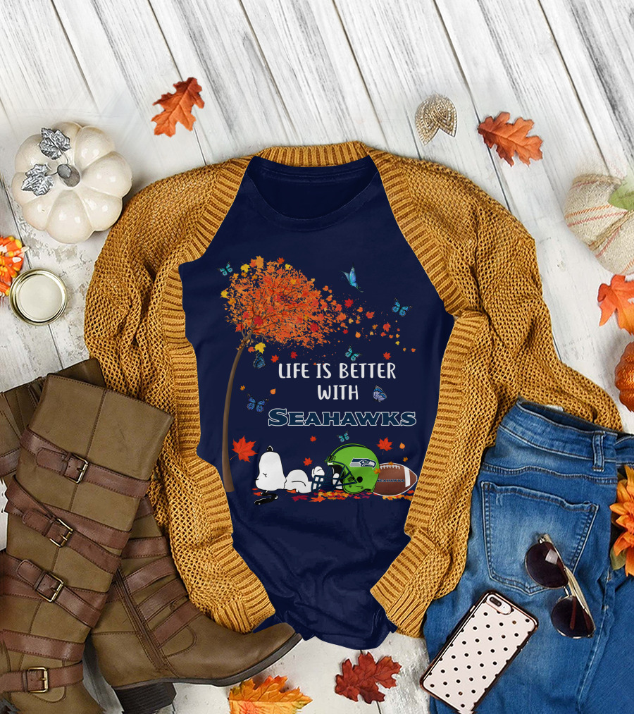 Life is Better with Seattle Seahawks Autumn Leaves Football Helmet Snoopy and Woodstock T-Shirt
