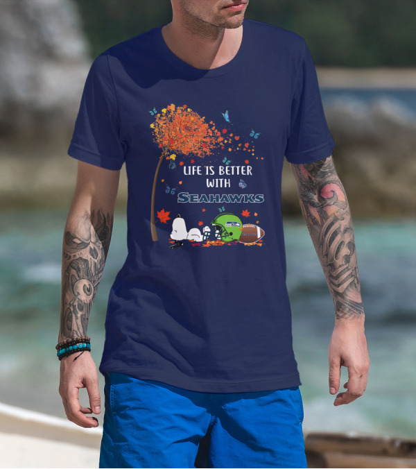 Life Is Better With Seattle Seahawks Autumn Leaves Football Helmet Snoopy And Woodstock T-Shirt
