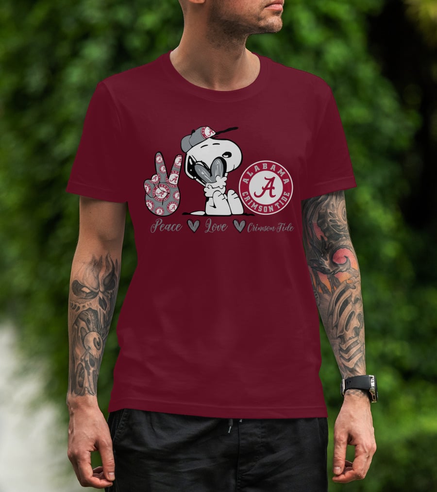 Peace Love Alabama Crimson Tide Snoopy Football Fan Gear T-Shirt