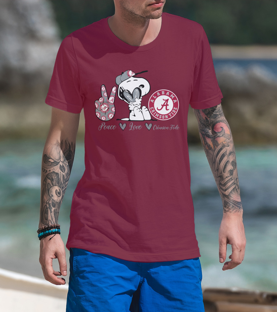 Peace Love Alabama Crimson Tide Snoopy Football Fan Gear T-Shirt