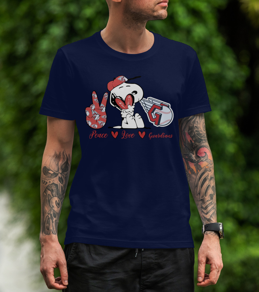 Snoopy Peace Love Cleveland Guardians Baseball Iconic Imagery With Red Heart And Cap T-Shirt