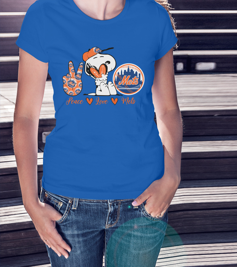 Snoopy Peace Love Mets New York City Skyline Baseball T-Shirt
